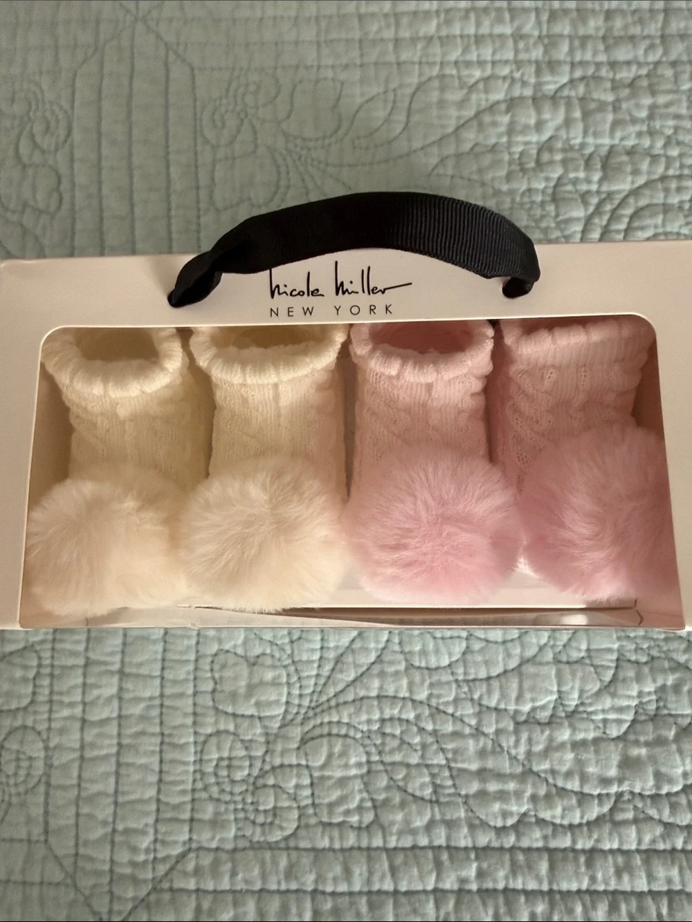 Nicole Miller Baby Pom Pom Booties in Cream and Light Pink